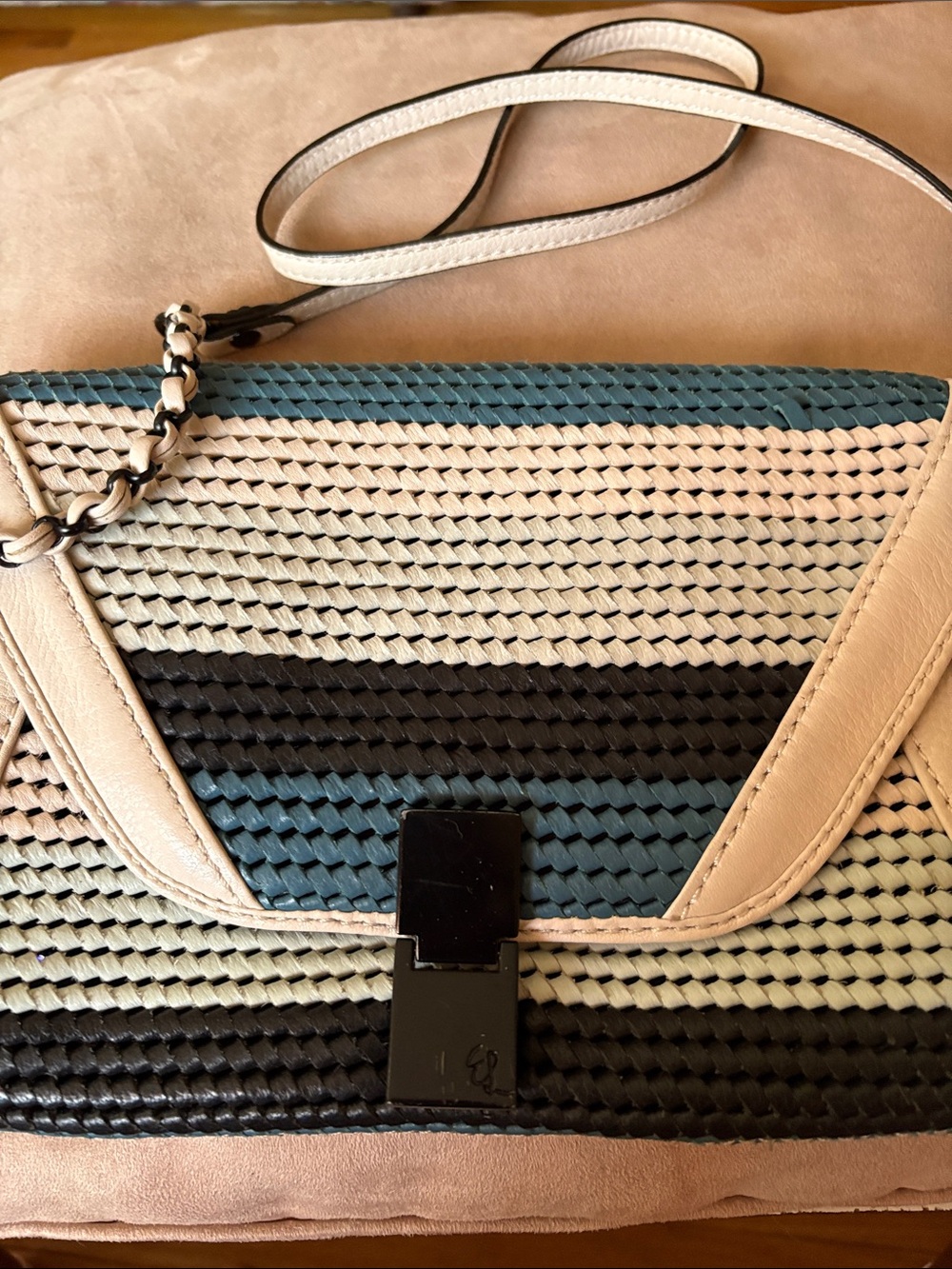Woven Stripe Crossbody Bag in Cream, Teal & Black/Elliott Luca